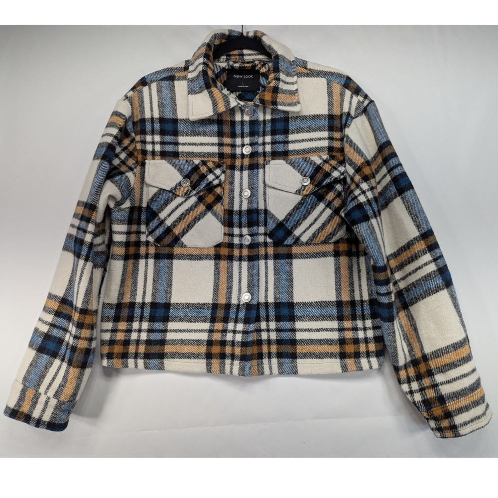 New Look Plaid Shirt Jacket Cream Blue Tan Black Long Sleeve Button Shacket L